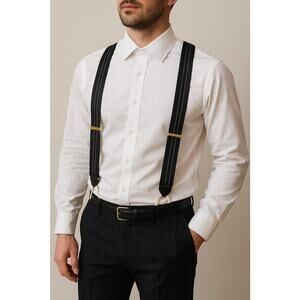 Trafalgar Button-End Suspenders Black Stripe Leather Trim Adjustable Braces USA